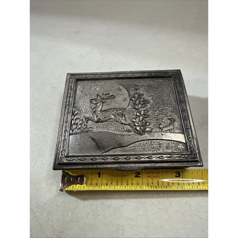 Vintage Deer In Forest Scene Metal Wood Trinket Jewelry Box Made In Japan